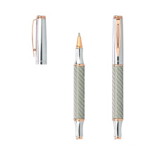 Luxury engraved logo rose gold trims chrome carbon fiber metal roller ball pen gift pen set for men and women
